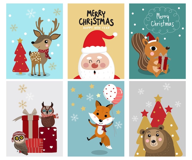 Tarjeta de felicitación de Navidad con lindo personaje de animal.