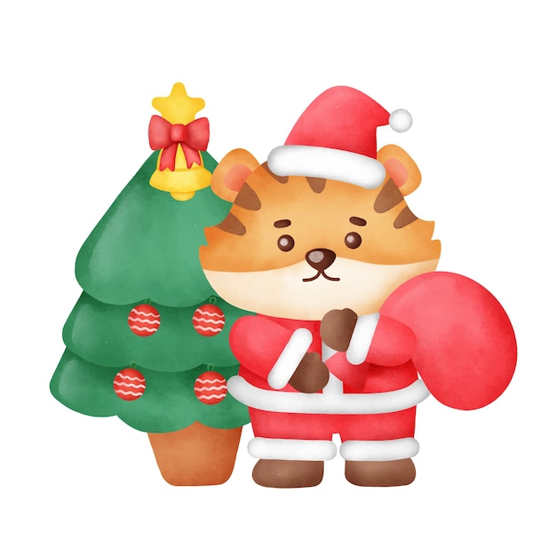 Vector tarjeta de felicitación de navidad con lindo tigre y árbol de navidad en estilo acuarela.