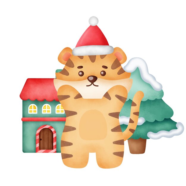 Tarjeta de felicitación de Navidad con lindo tigre en estilo acuarela.