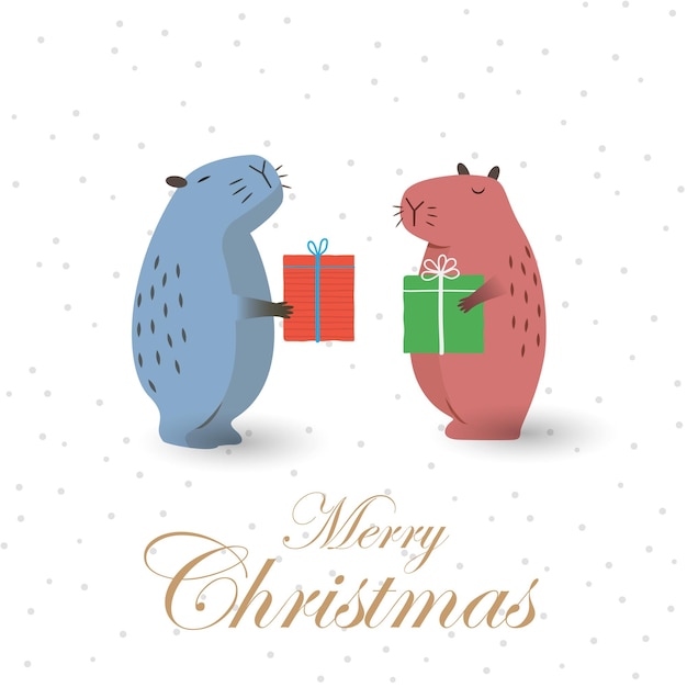 Vector tarjeta de felicitación de navidad con lindos capíbaras y árbol