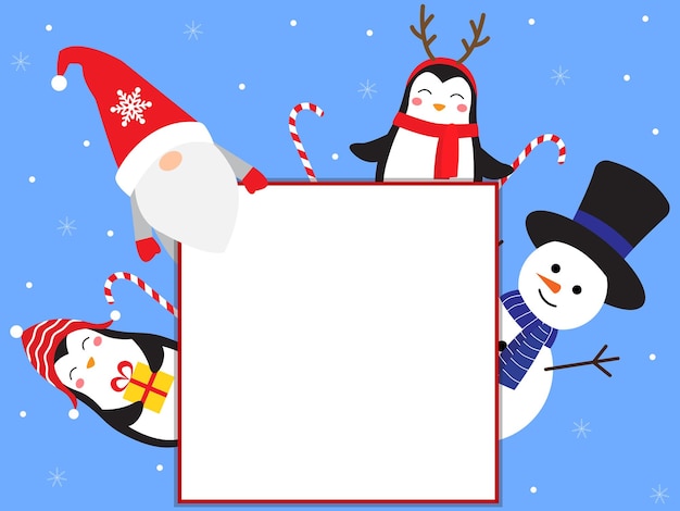 Tarjeta de felicitación de Navidad con lugar para texto Tarjeta de Navidad con pingüinos, muñecos de nieve y gnomos Lindos personajes de cuento de hadas Ilustración vectorial