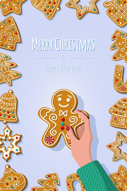 Tarjeta de felicitación de Navidad con mano de mujer sosteniendo hombre de pan de jengibre sobre fondo azul. Galletas festivas en forma de campanas y casas, estrellas y copos de nieve, árboles y cajas de regalo.Ilustración de vector de dibujos animados