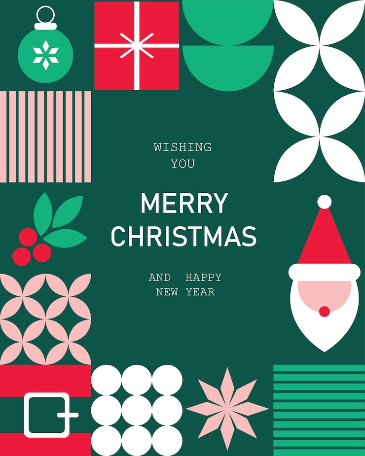 Vector una tarjeta de felicitación de navidad de mosaico abstracto con una bandera geométrica con símbolos tradicionales
