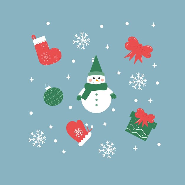 Tarjeta de felicitación de Navidad con muñeco de nieve con elementos de invierno