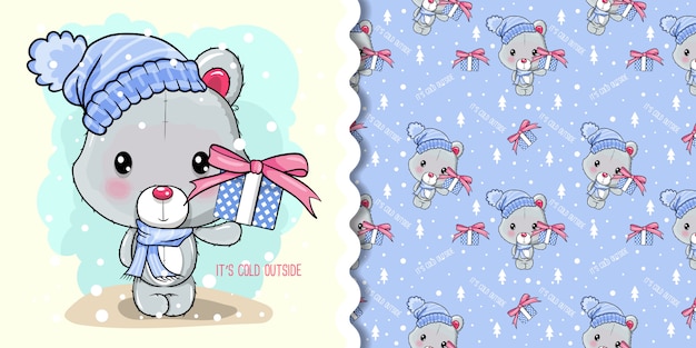 Tarjeta de felicitación de navidad con oso polar de dibujos animados