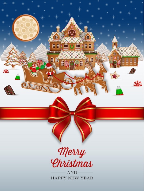 tarjeta de felicitación de navidad con paisaje de pan de jengibre y arco rojo cartel de navidad con pan de jengibre