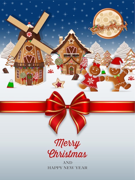 tarjeta de felicitación de navidad con paisaje de pan de jengibre y arco rojo cartel de navidad con pan de jengibre