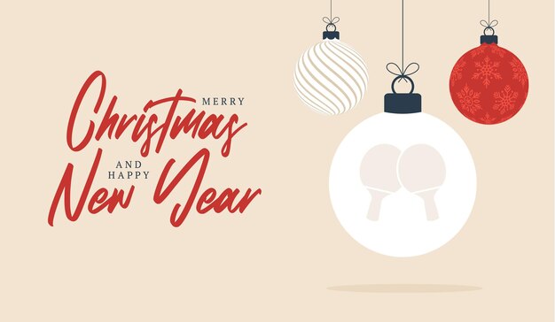 Tarjeta de felicitación de navidad de ping pong. Bandera de deportes de dibujos animados plana feliz Navidad y próspero año nuevo. pelota de tenis de mesa como una pelota de Navidad en el fondo. Ilustración vectorial.