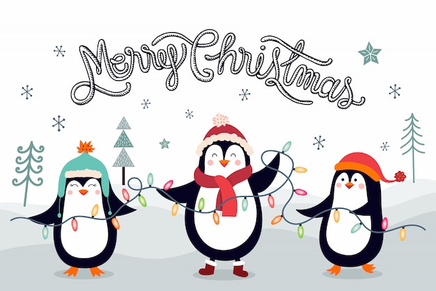 Tarjeta de felicitación de navidad con pingüinos