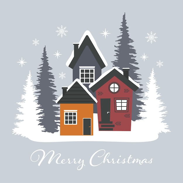 Tarjeta de felicitación de Navidad. Plantilla de diseño vectorial. Ilustración nórdica en estilo plano.