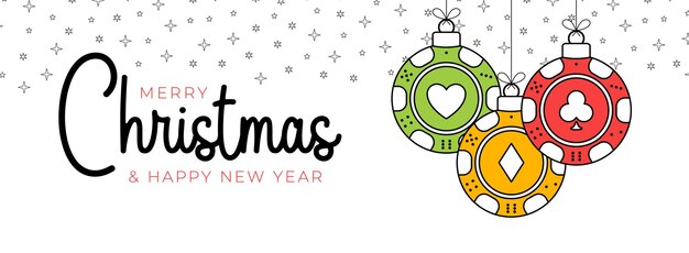 Tarjeta de felicitación de Navidad de póquer en estilo de línea de moda Feliz Navidad y Feliz Año Nuevo esquema de dibujos animados Deportes banner chip de casino como una bola de Navidad sobre fondo blanco Ilustración vectorial
