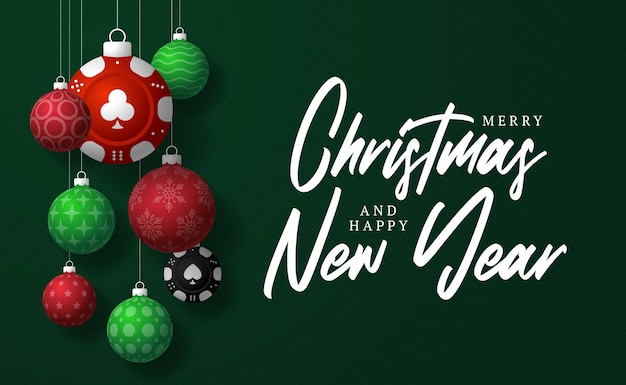 Tarjeta de felicitación de Navidad de póquer Feliz Navidad y feliz año nuevo tarjeta de felicitación del casino Colgar en un hilo verde y rojo bola de Navidad en verde en el fondo Ilustración de vector deportivo