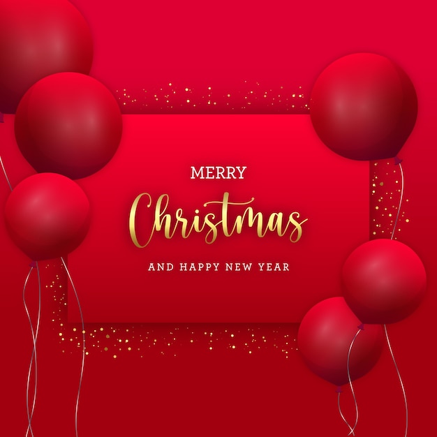 Tarjeta de felicitación de Navidad roja con globos rojos y brillo dorado