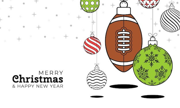 Tarjeta de felicitación de Navidad de rugby de fútbol en estilo de línea de moda Feliz Navidad y Feliz Año Nuevo esquema de dibujos animados Bola de banner deportivo como una bola de Navidad sobre fondo blanco Ilustración vectorial