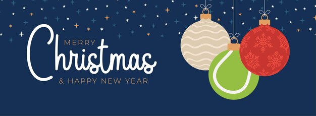 Tarjeta de felicitación de Navidad de tenis. Bandera de deportes de dibujos animados plana feliz Navidad y próspero año nuevo. pelota de tenis como una pelota de Navidad en el fondo. Ilustración vectorial.