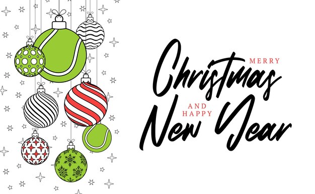 Tarjeta de felicitación de Navidad de tenis en estilo de línea de moda Feliz Navidad y Feliz Año Nuevo esquema de dibujos animados Banner deportivo pelota de tenis como una bola de Navidad sobre fondo blanco Ilustración vectorial