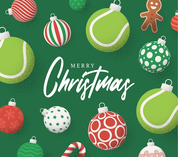 Tarjeta de felicitación de Navidad de tenis Feliz Navidad y feliz año nuevo tarjeta de felicitación deportiva retro Colgar en un hilo bola de Navidad bauble en el ruido fondo punteado verde