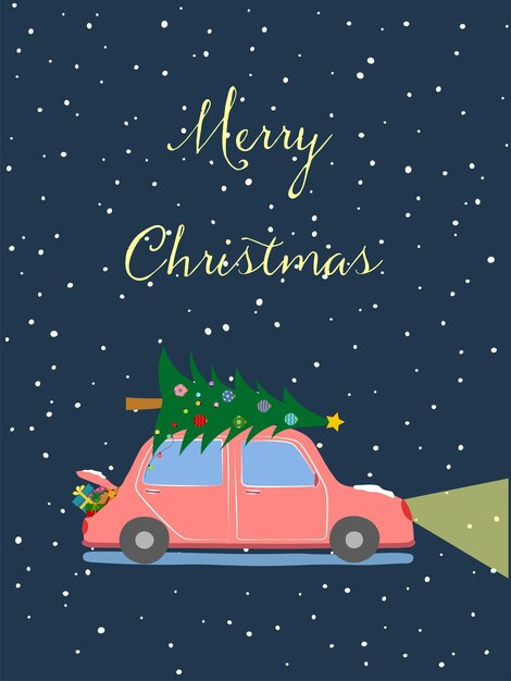 Tarjeta de felicitación de Navidad vector plano coche con regalos y árbol de Navidad en el fondo de la noche nevada