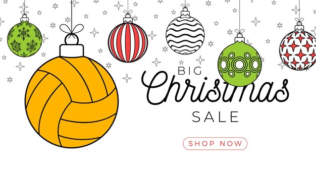Tarjeta de felicitación de Navidad de voleibol en estilo de línea de moda Feliz Navidad y Feliz Año Nuevo esquema de dibujos animados Balón de voleibol de banner deportivo como una bola de Navidad sobre fondo blanco Ilustración vectorial