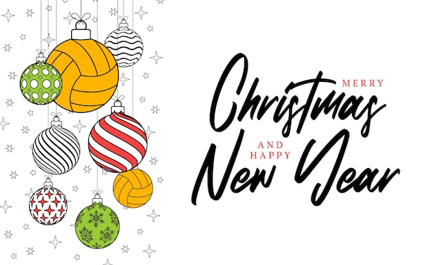 Tarjeta de felicitación de Navidad de voleibol en estilo de línea de moda Feliz Navidad y Feliz Año Nuevo esquema de dibujos animados Balón de voleibol de banner deportivo como una bola de Navidad sobre fondo blanco Ilustración vectorial