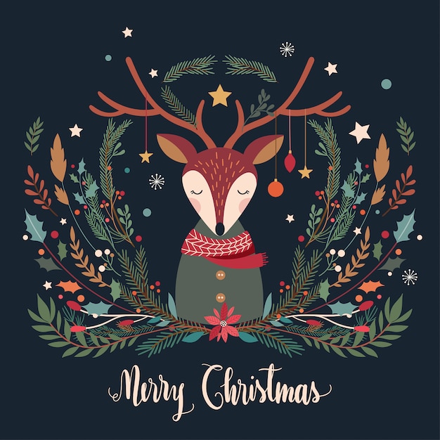 Tarjeta de felicitación navideña con ciervos y ramas decorativas de temporada.