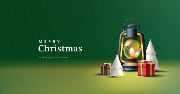 Tarjeta de felicitación navideña con composición 3d de lámpara de queroseno vintage con árbol de Navidad y cajas de regalo sobre fondo verde