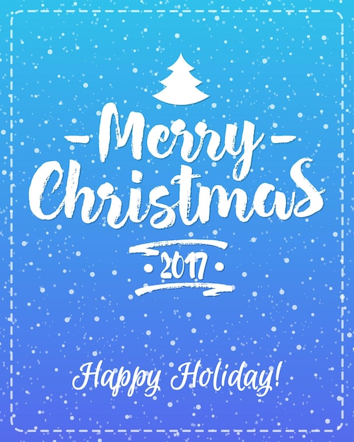 Tarjeta de felicitación navideña con emblema blanco que consiste en signo Feliz Navidad y árbol