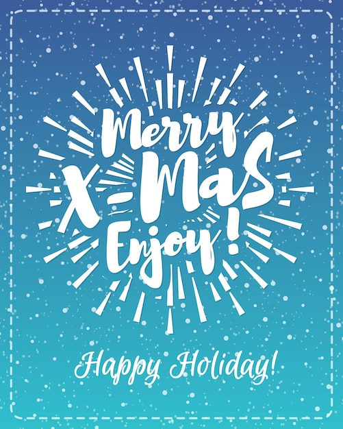 Tarjeta de felicitación navideña con emblema blanco que consiste en el signo Merry X mas enjoy