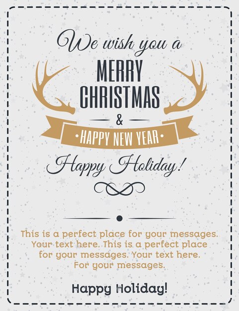 Tarjeta de felicitación navideña estilo color dorado con etiqueta navideña vintage y letrero Le deseamos una feliz Navidad, feliz año nuevo, felices fiestas en el fondo de vacaciones de nieve, elemento de decoración navideña