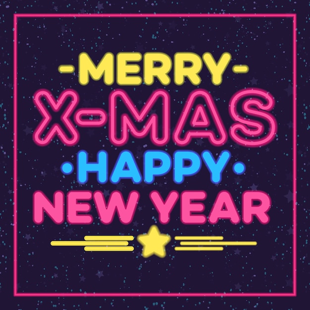 Tarjeta de felicitación navideña estilo neón con deseo navideño Feliz Navidad y próspero año nuevo sobre fondo y marco de vacaciones de nieve Felices vacaciones Vector Ilustración