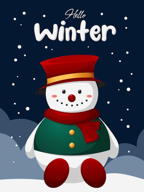 Tarjeta de felicitación navideña hola invierno con muñeco de nieve y nieve