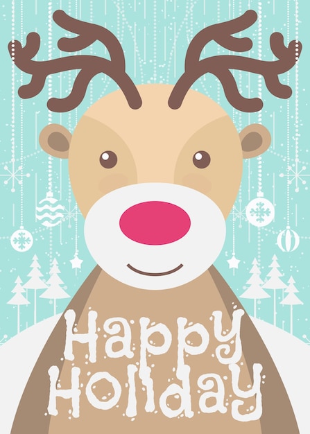 Tarjeta de felicitación navideña con lindos ciervos y letrero de felices fiestas en vacaciones verdes