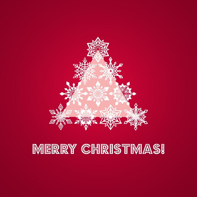 Tarjeta de felicitación navideña con palabras y árbol de copos de nieve de encaje blanco más base de triángulo geométrico sobre fondo rojo intenso