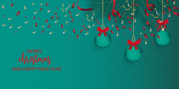 Tarjeta de felicitación navideña con rama de pino, bola, confeti y fondo verde.