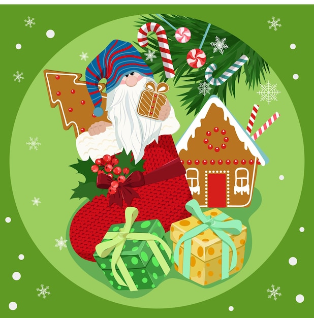 Tarjeta de felicitación navideña con regalos de Navidad calcetín de Navidad enano y pan de jengibre