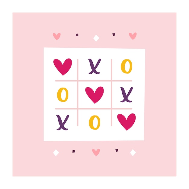Tarjeta de felicitación navideña de San Valentín. Imágenes prediseñadas de amor. Juego de tic-tac-toe.