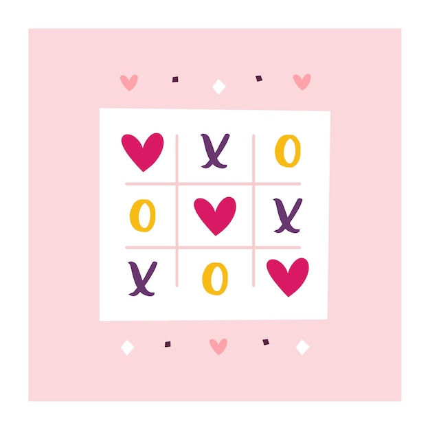 Vector tarjeta de felicitación navideña de san valentín. imágenes prediseñadas de amor. juego de tic-tac-toe.