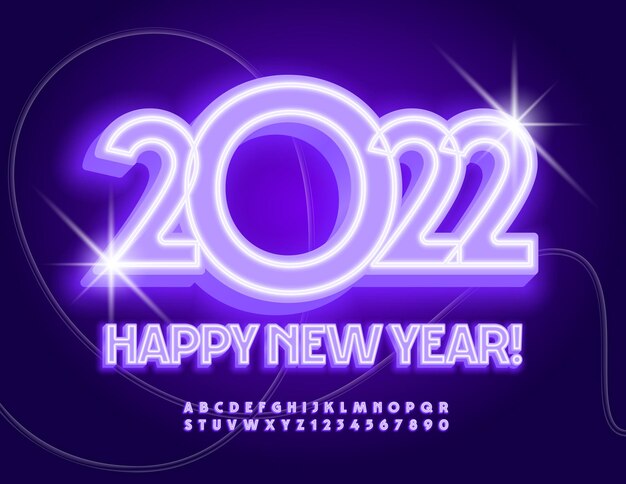 Tarjeta de felicitación de neón de vector Feliz año nuevo 2022 Conjunto de letras y números del alfabeto que brilla intensamente