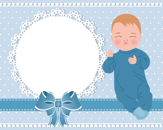 Tarjeta de felicitación para niños con un lindo bebé y una plantilla de encaje con un lazo para texto. diseño para recién nacido
