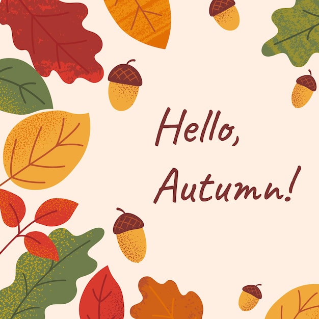 Tarjeta de felicitación de otoño con roble y bellotas en fondo beige y tipografía de hojas de textura grunge