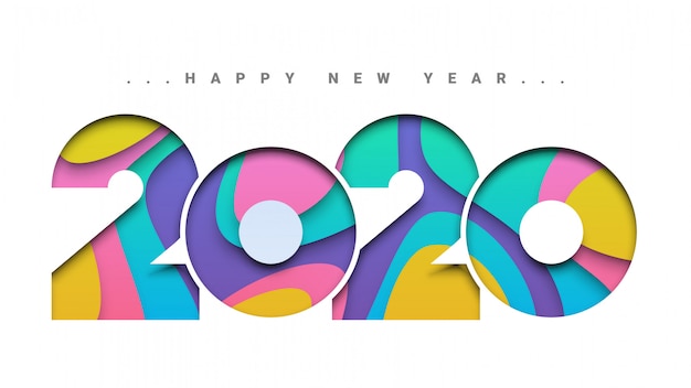 Vector tarjeta de felicitación de papel colorido corte feliz año nuevo 2020
