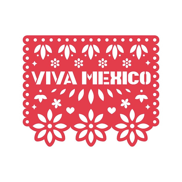 Vector tarjeta de felicitación de papel con flores recortadas, formas geométricas y texto viva mexico