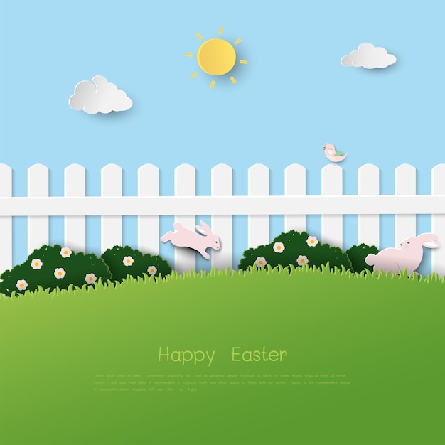 Tarjeta de felicitación de Pascua celebra el tema con huevos de Pascua y conejos lindos en el jardín