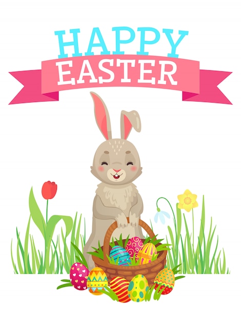 Tarjeta de felicitación de Pascua, conejito lindo, huevos coloridos y flores de primavera, dibujos animados de feliz Pascua