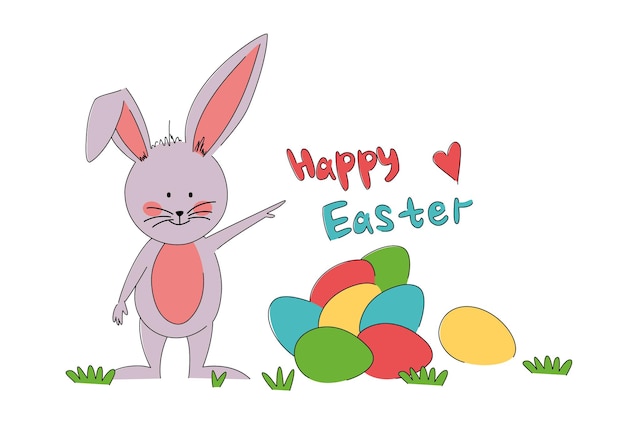 Tarjeta de felicitación de pascua feliz un conejo con un montón de huevos coloridos está de pie en un claro