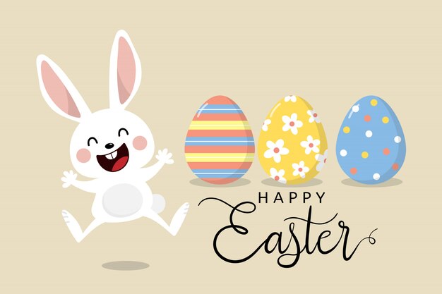 Tarjeta de felicitación de Pascua feliz con lindo conejito blanco y huevos.