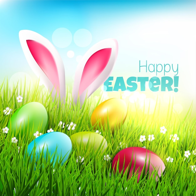 Tarjeta de felicitación de Pascua con huevos de colores en la hierba