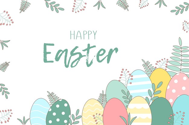 Tarjeta de felicitación de Pascua con huevos de colores y ramitas de primavera