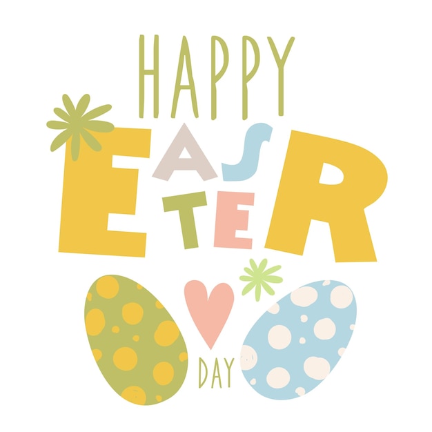 Tarjeta de felicitación de Pascua con letras grandes huevos pintados y elementos de flores Carteles de tarjetas de felicitación