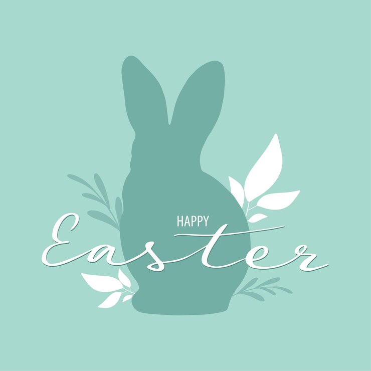 Tarjeta de felicitación de Pascua con letras y silueta de conejo feliz Pascua